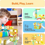 PicassoTiles 100pc Magnetic Marble Run Travel Size Tile Blocks Construction Kids Toy Set On The Go Mini Magnet Tiles Marbles Playset for Race Track Building Block STEM Learning Kit Boy Girl 3+ PTMG100