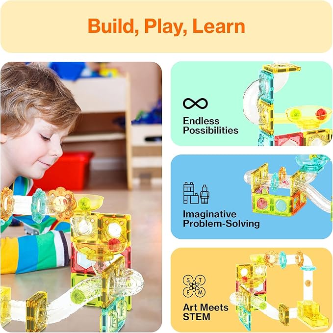 PicassoTiles 100pc Magnetic Marble Run Travel Size Tile Blocks Construction Kids Toy Set On The Go Mini Magnet Tiles Marbles Playset for Race Track Building Block STEM Learning Kit Boy Girl 3+ PTMG100