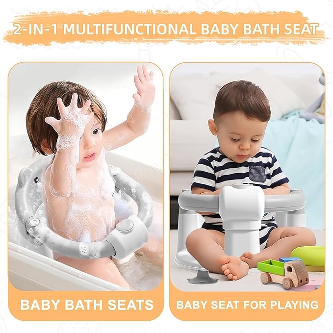 Baby Bath Seat for Babies 6 Months & Up, Infant Bath Chair for Newborn Sitting Up, Non-Slip Toddler Bath Tub Seat with Suction Cups & Soft Cushion for Shower, Compact Toddler Bathtub Seat, Cement grey