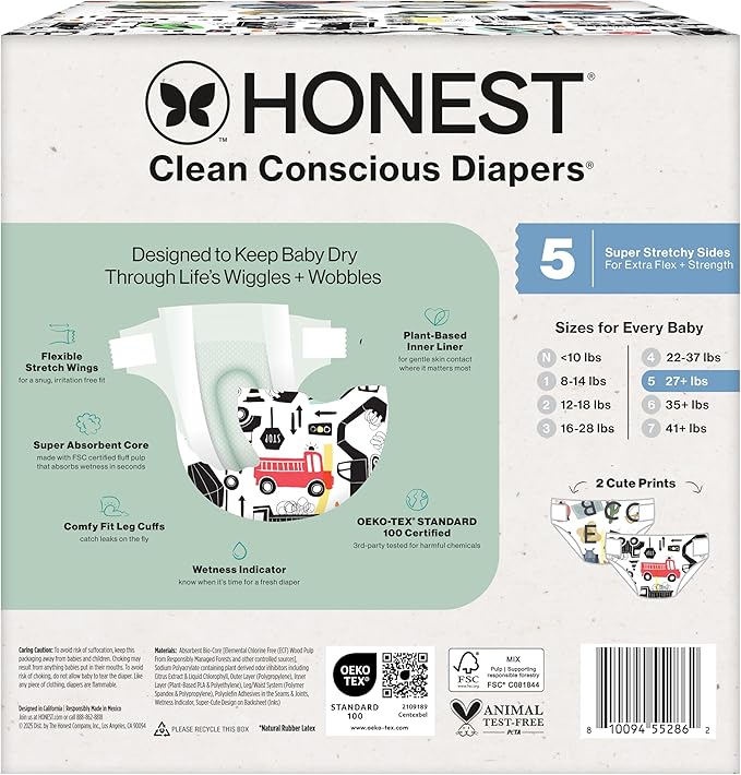 The Honest Company Clean Conscious Diapers for Delicate Skin | Up to 100% Leakproof | Hypoallergenic, Fragrance Free | Gender Neutral | Club Box, Size 5 (27+ lbs), 44 Count (Prints May Vary)