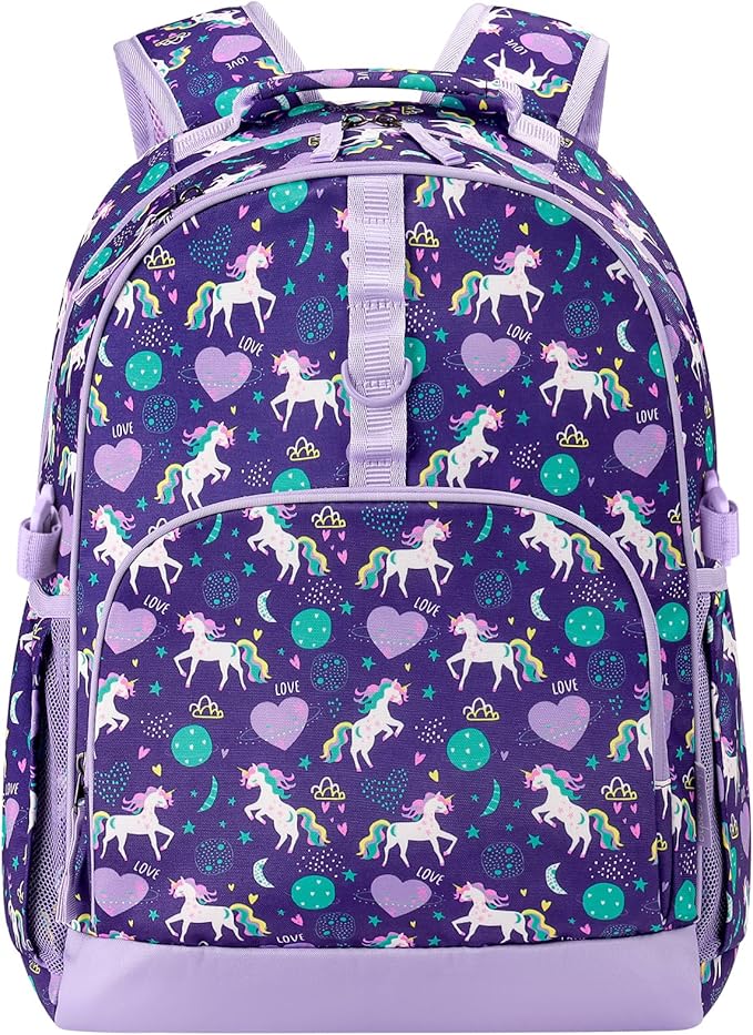 Choco Mocha Unicorn Backpack for Girls, Elementary School Backpack for Girls Ages 6-8 Kids Kindergarten Backpack Large Bookbag 18 Inch with Chest Strap, Purple