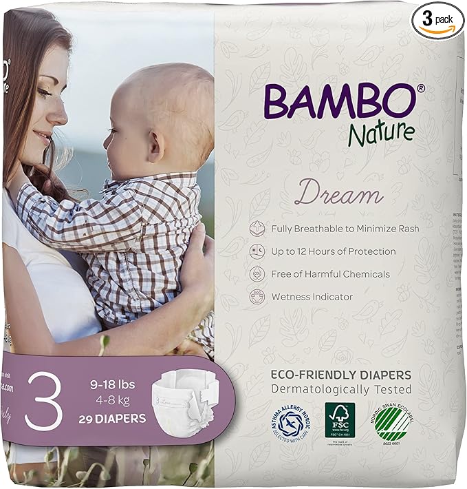 Bambo Nature Hypoallergenic Dream Baby Diapers, Premium Eco-Labeled Sustainable Diapers, Enhanced Leakage Protection, Totally Chlorine-free, Skin Friendly, and Super Absorbent - Size 3 (87 Count)
