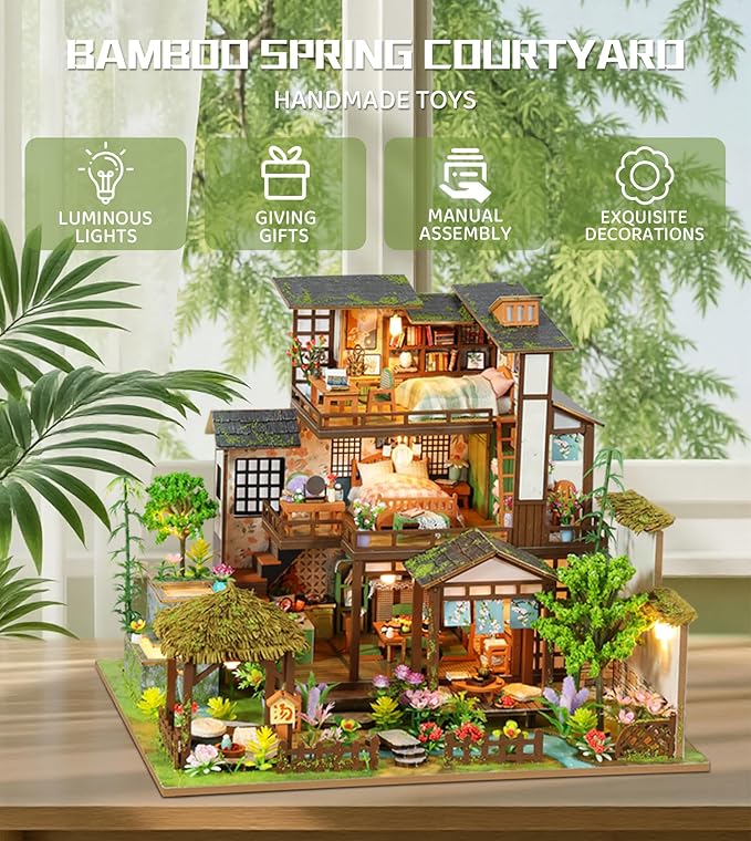 Spilay Miniature Dollhouse Miniature House Kit,DIY Kit Mini Modern Villa Model with Music Box ，Best Christmas Birthday Gift.(Bamboo Spring Courtyard)