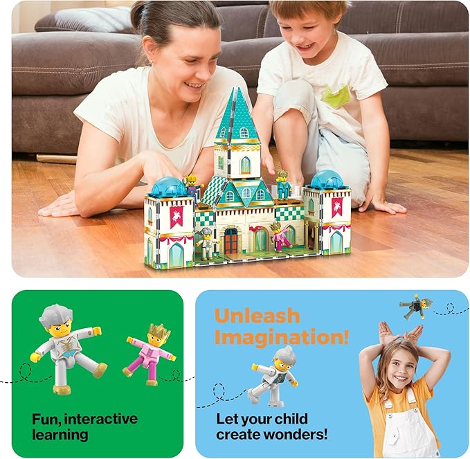 PicassoTiles 70pc Middle Age Medieval and Castle Theme Tile 2in1 8 Character Action Figures Magnet Tiles Building Block Pretend Magnetic Play Fine Motor Skill STEM Educational Construction Age3+ PTQ01