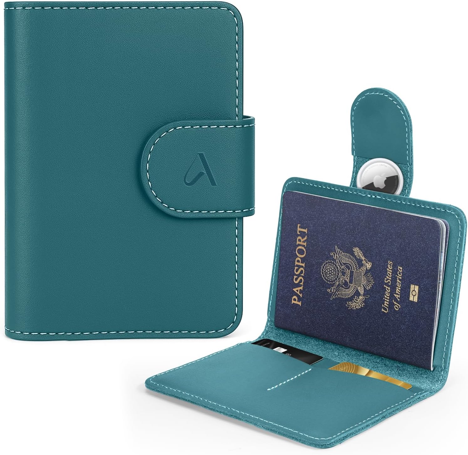 ALLIVE Rfid Passport Holder for Travel, Women & Men, Passport Cover Wallet with AirTag Hidden, Genuine Leather Passport Holder Essential for Business Travel, Airport Security (Lake Blue)