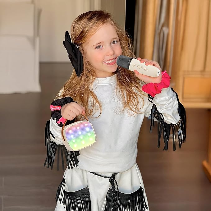 YLL Mini Karaoke Machine with 2 Wireless Microphones for Kids Adults, Portable Bluetooth Speaker Gift for Girls Toys 4, 5, 6, 7, 8, 10, 12+ Years Old Teens Birthday(Beige)