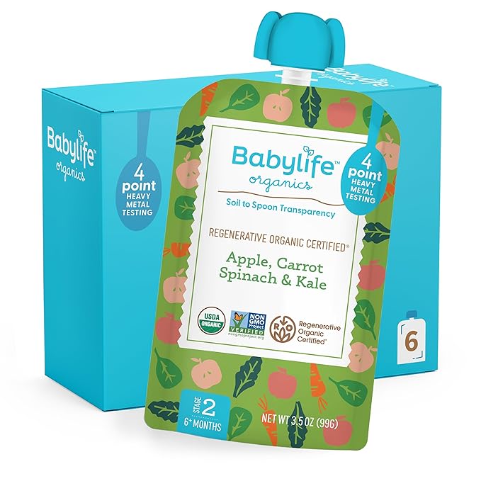Babylife Organics Stage 2 - Apple, Carrot, Spinach & Kale, 3.5 Ounce Pouch (6 Pack) - Heavy Metal Safe, Organic Baby Food