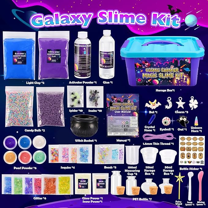 Magic Galaxy Slime Kit for Kids 6-12, DIY Butter Slime Making Kit with Glitter Powder, Galaxy Stickers & Dark Matter Creative Sensory Toys, Fun Birthday Gift for 6-12 Year Olds Girls Boys