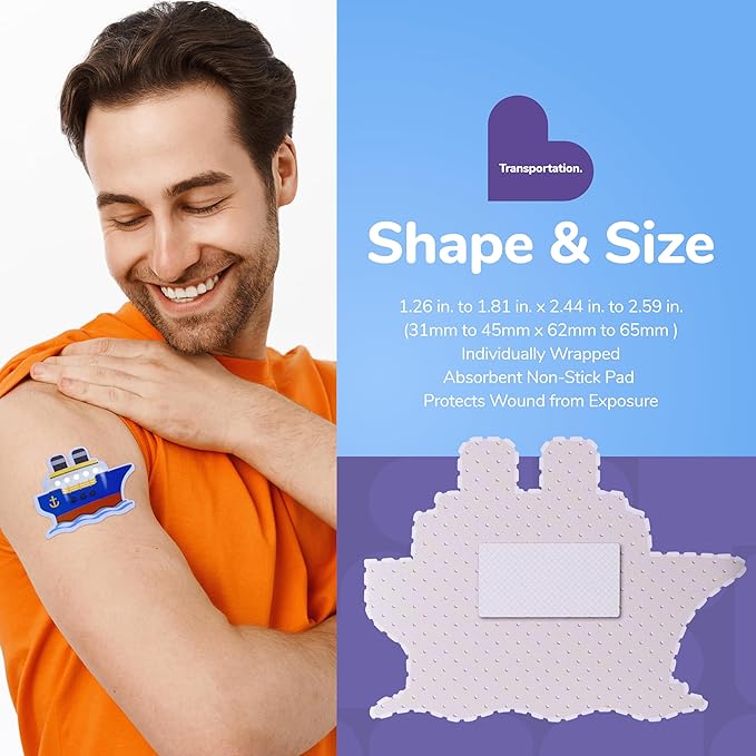 BioSwiss Bandages, Transportation Shaped Self Adhesive Bandage, Latex Free Sterile Wound Care, Fun First Aid Kit Supplies for Kids, 50 Count