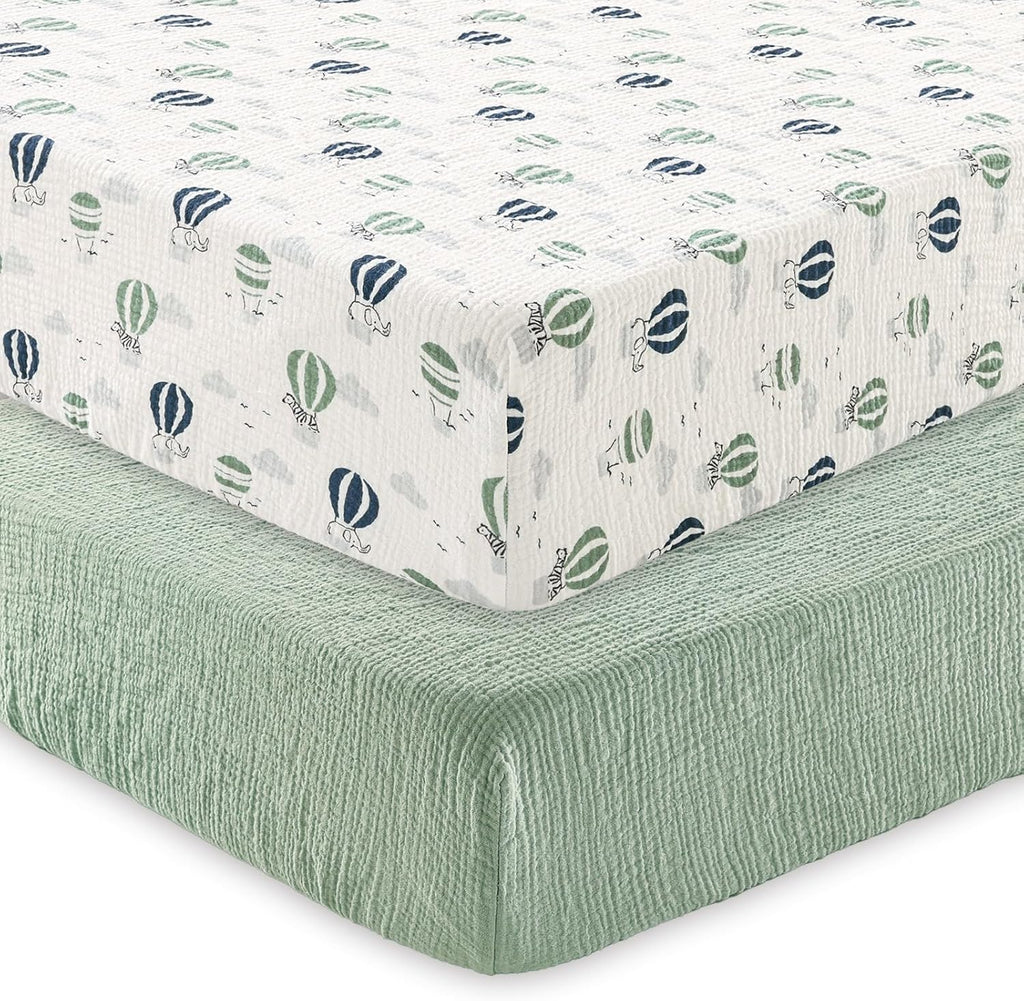 david's kids Muslin Crib Sheets for Boys Girls, 2 Pack 100% Cotton Soft Breathable Fitted Baby Sheet Set, 28x52 Inch Fits Standard Crib and Toddler Mattresses, Animals