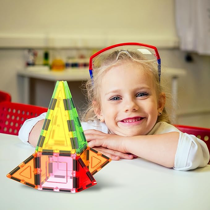 PicassoTiles Magnetic Tile Building Block Set with Squares and Triangles STEM Educational Construction Geometric Magnet Shape Kit for Brain Development Creativity and Learning for Kids Age 3 Plus PB12