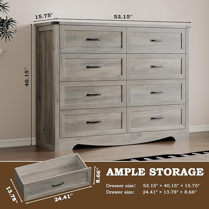 8-Drawer Dresser for Bedroom, Modern Wooden Chest of Drawers with Metal Handles, Anti-Tipping Design, Sturdy and Stable Storage Organizer for Living Room, Entryway, Home Office