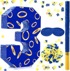 Number 3 Blue and Golden Rings Piñata for Kids Birthday Cartoon Theme Small Piñata with Blindfold Stick Confetti for Fiesta Cinco De Mayo Party Decor, 15.8 x 11 x 2.8 Inch