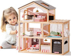 ROBOTIME Wooden Dollhouse, Doll House with 29 Pieces Furniture Set - Pool and Elevator, Wooden Doll House for 4, 5, 6-Inch Dolls, 6 Rooms Pink Dollhouse Gift for Kids Girls Ages 3+ (Black)