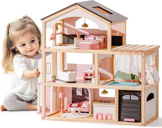 ROBOTIME Wooden Dollhouse, Doll House with 29 Pieces Furniture Set - Pool and Elevator, Wooden Doll House for 4, 5, 6-Inch Dolls, 6 Rooms Pink Dollhouse Gift for Kids Girls Ages 3+ (Black)