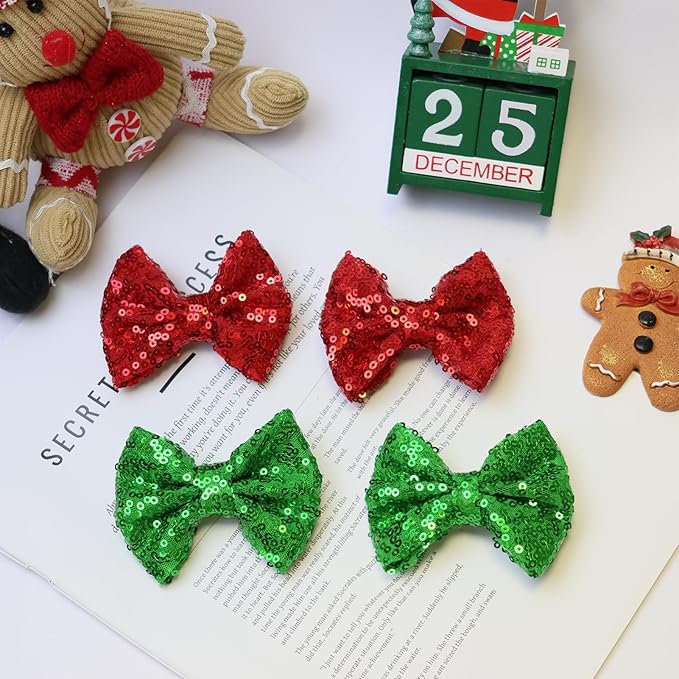 Christmas Hair Bows Clips Green Sequins Alligator Hair Clips Bows for Girls Red Glitter Barrettes Little Bow Hairpins Toddler Teens Sparkly Hair Accessories for Kids Teens Gift