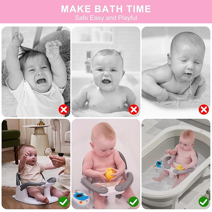 Baby Bath seat for Babies 6 Months & up, 360° Stable Toddler Bath Chair with one-Touch Button, Back Hollow Design, Water Temperature Card & 4 Suction Cups for Safety (Pink)