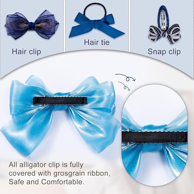 18pcs Blue Hair Bows for Girls,Toddlers,Teens,Women.Fully Lined Alligator Hair Clips,Cute Hair Ties,Non-slip Snap Hairpins,Handmade Hair Accessories Gift Set