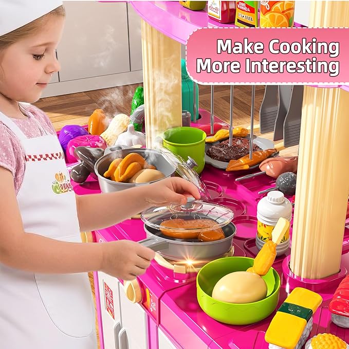 Pretend Play Kitchen Toys for Kid Ages 2-6 4-8, 2 Sided Kitchen Toys with Light, Sound and Spraying, Sink Toy Accessories, Cooking Stoves, Food Toys for Toddlers 1-3 3-5 Boys Girls 6-12 (Pink)
