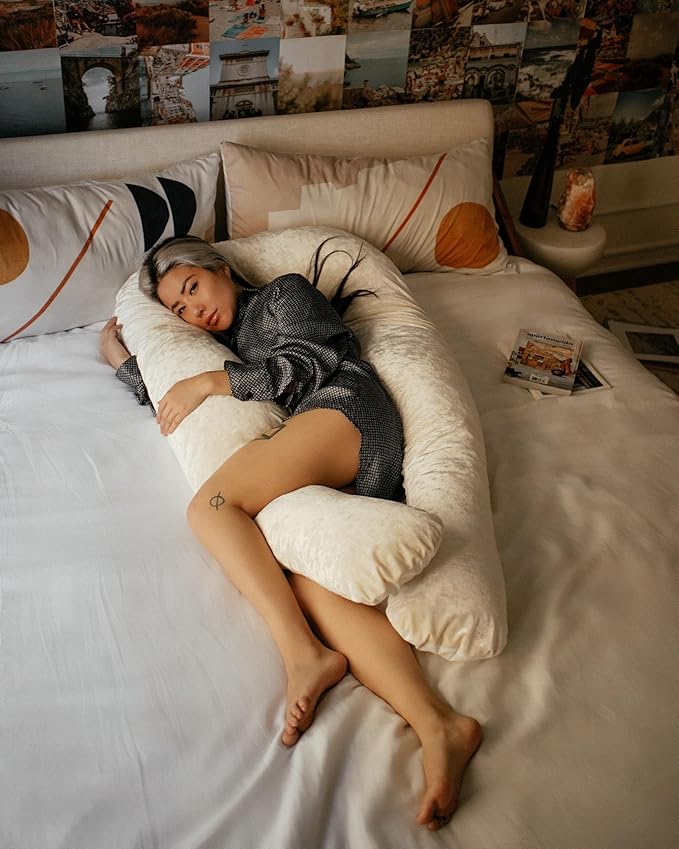 YANA 360° Body Pillow | Luxury U Shaped Pregnancy Pillow - Organic Bamboo Cotton - Shredded Cooling Gel Fill - Ergonomic Design - Double Sided - Washable