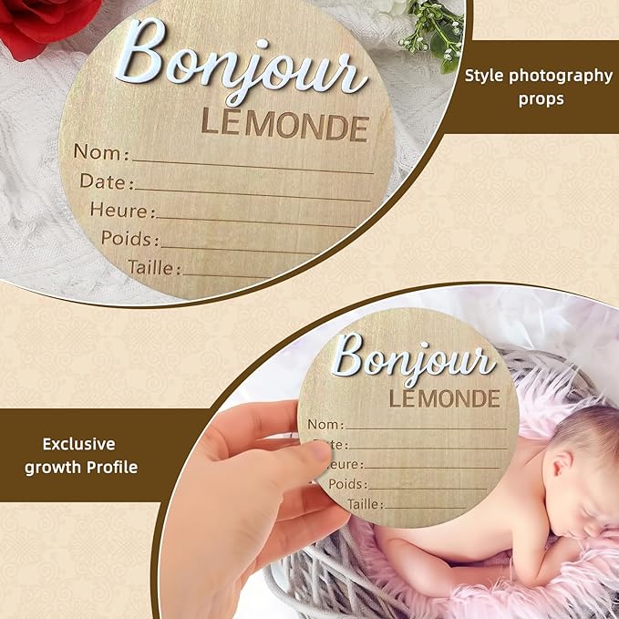 Baby Announcement Sign, 5.9 Inch Wooden Hello World Newborn Signs, "Bonjour Le Monde" Decoration, Birth Announcement Sign, Welcome Newborn Arrival to World, Hospital Nursery for baby