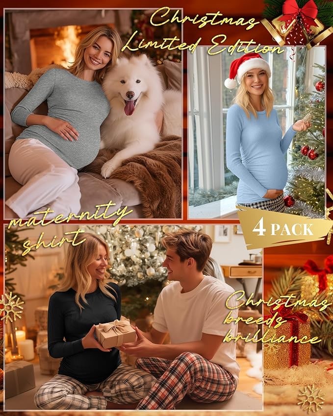 Ficerd 4 Pack Women's Maternity Shirts Cotton Long Sleeve Ribbed Crew Neck Pregnancy Tops Side Ruched Casual Mama Clothes