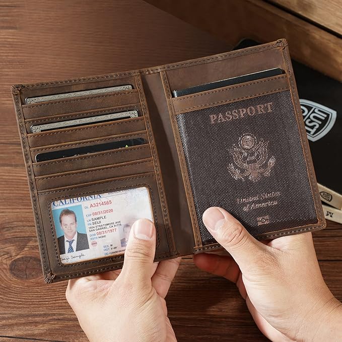 Polare Luxury RFID Blocking Leather Passport Holder Travel Wallet For Men and Women (Dark Brown Compass)