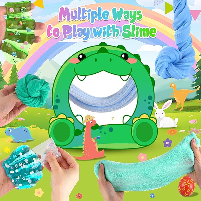 LAWOHO 6 Pack Dinosaurs Slime Kit for Kids - Cloud, Butter, Clear Slimes with Glow in The Dark Add-ins, Green & Blue Dino Slime, Super Soft and Non-Sticky, Birthday Party Favor for Boys & Girls