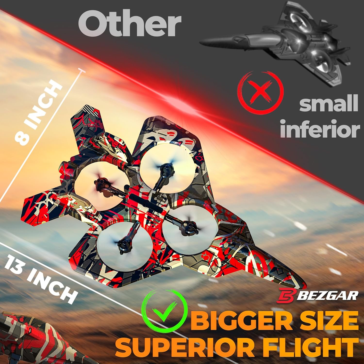 BEZGAR HQ057X RC Fighter Airplane丨Mini Drone Remote Control Jet Plane Stunt Drone for Adults & Kids Toy with Light Gift for Kids Beginner Red