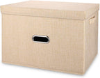 Large Linen Collapsible Storage Bins with Removable Lids and Handles, Washable Storage Box Containers Baskets Cube with Cover for Bedroom,Closet,Office,Living Room,Nursery (Khaki, Large)