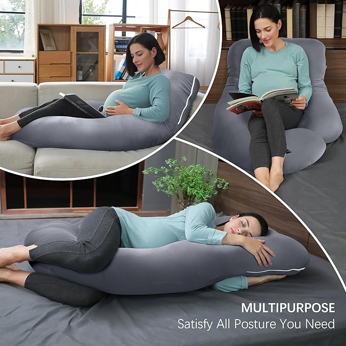 MOON PARK Pregnancy Pillows for Sleeping - U Shaped Full Body Maternity Pillow with Removable Cover - Support for Back, Legs, Belly, HIPS - 65 Inch - Dark Grey - Cooling Cover