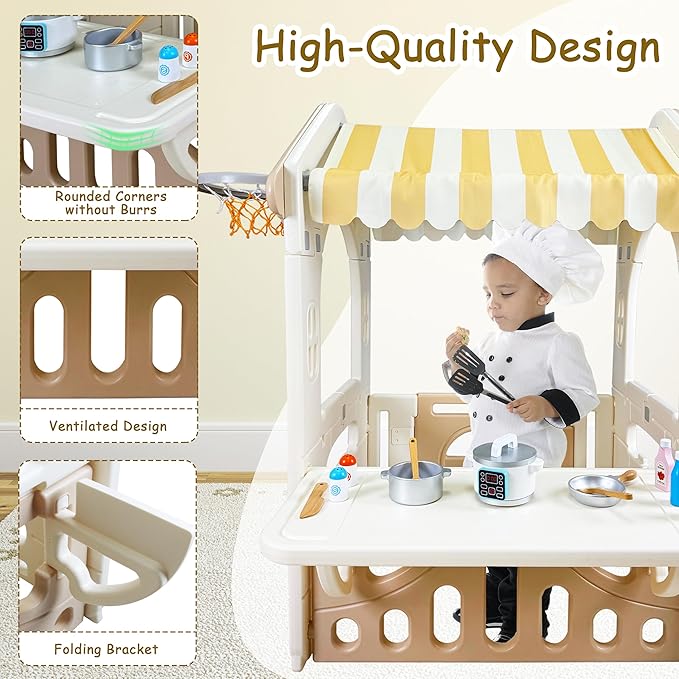 41.3" x 31.4" x 29" Kids Cottage Playhouse, Indoor/Outdoor Toddler Playhouse with Working Doors, Worktop & Basketball Hoop, Durable Plastic Playset for Kids Ages 1+ Years Old