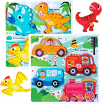 Wooden Puzzles for Toddlers 2-4 ，Vehicle & Dinosaur Toddler Puzzles Age 2-3，Toddler Toys for 2 3 Years Old Girls Boys，Montessori Learning Gifts for 2-3