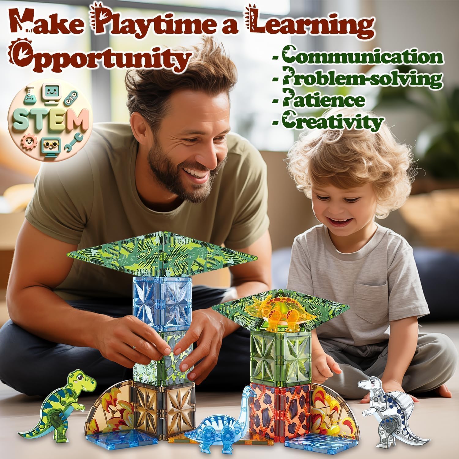 Magnetic Tiles Dinosaur Toys for Kids 3-5 5-7 Magnet Building Blocks Toddler Toy Dinosaurs - 3 Year Old Boy Gift STEM Learning Resources for Kids Ages 3 4 5 6 7 8 Gifts for 4 Year Old Boys