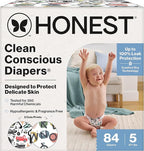 The Honest Company Clean Conscious Diapers for Delicate Skin | Up to 100% Leakproof | Hypoallergenic, Fragrance Free | Gender Neutral | Super Club Box, Size 5 (27+ lbs), 84 Count (Prints May Vary)