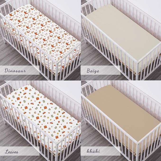 Bimocosy Crib Sheets for Boys Girls, Fitted Crib Sheet 4 Pack for Standard Crib and Toddler Mattresses, Super Soft Breathable Microfiber Baby Sheet 28"x 52", Dinosaur/Leaves/Khaki/Beige