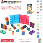 162PCS Premium MagneticTiles, MagnetTiles, STEM AUTHENTICATED, MEGA MagnetTiles Set,Magnetic Blocks,Magnetic Building Blocks,Magnets for Kids,MagneticTile Toy Boys Girls Age 3 4 5 6 7 8