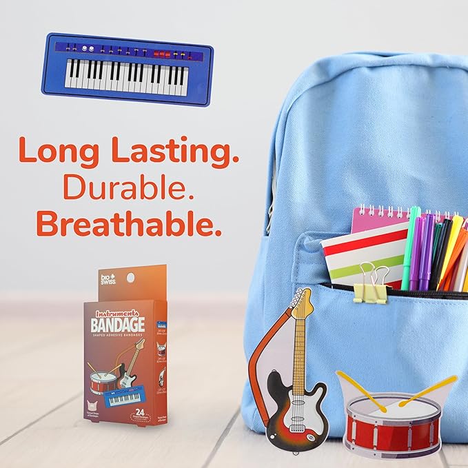 BioSwiss Bandages, Musical Instruments Shaped Self Adhesive Bandage, Latex Free Sterile Wound Care, Fun First Aid Kit Supplies for Kids and Adults, 24 Count