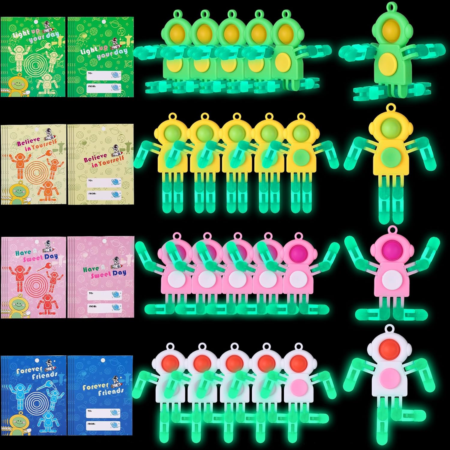 24Pcs Pop Fidget Spinners Bulk - DIY Deformable Astronaut Fingertip Toys with Cards Keychain Fidget Spinners Glow in The Dark Party Favors Sensory Toys Bulk for Kids Adults Classroom Prizes