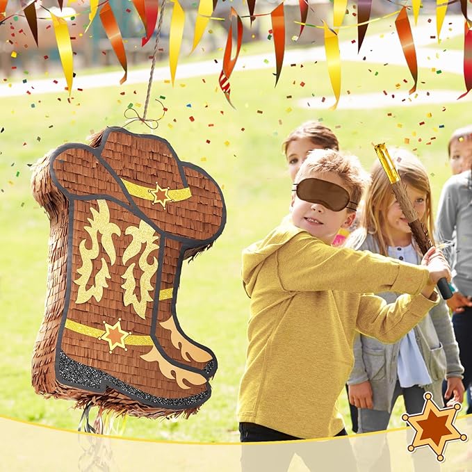 WERNNSAI Western Cowgirl Boot Piñata - Cowboy Hat Pinata Game Western World Theme Party Decorations for Adults Kids Birthday Farm Horse Rodeo Party Supplies with Bat Blindfold