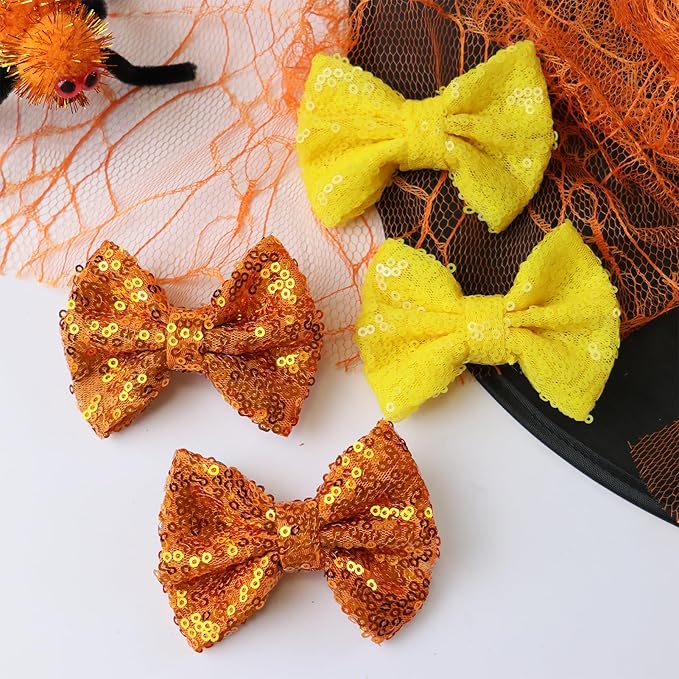 Halloween Hair Bows Clips Orange Sequin Hair Bows for Girls Halloween Alligator Clips Yellow Sparkly Glitter Cheer Barrettes Clips Hair Accessories for Little Teen Toddler Girls Kids Gifts