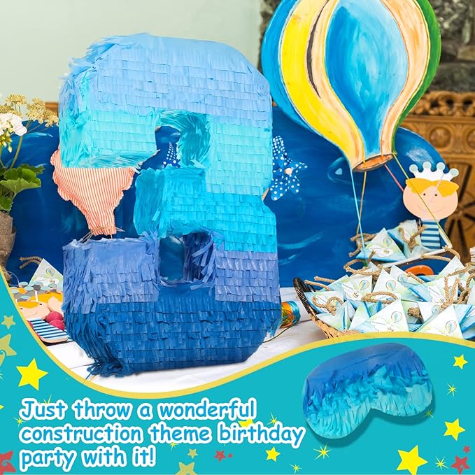 Sratte Number 1 2 3 4 5 6 7 8 9 Piñata with Stick Blindfold Confetti, Gradient Blue Piñata for Kids Boys Girls Birthday Party Anniversary Decorations Supplies(Number 3)