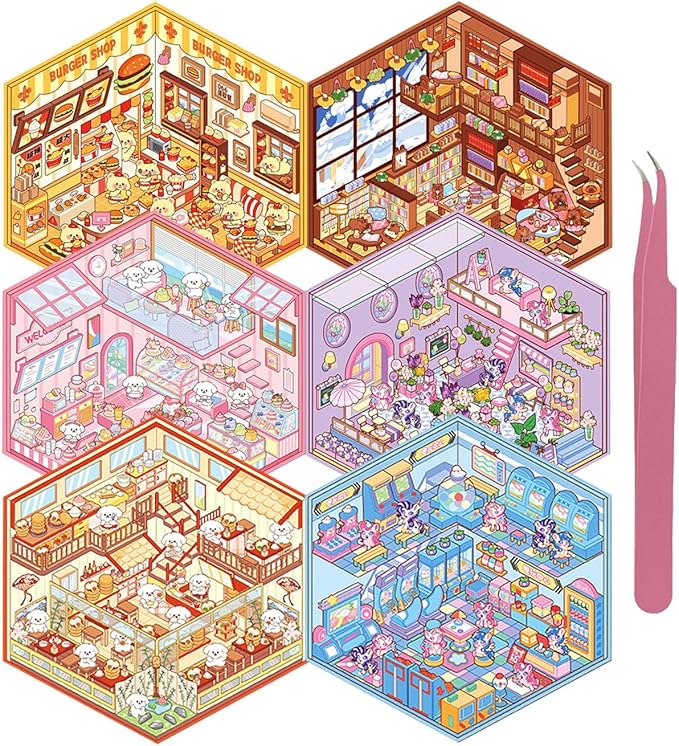 DIY 3D House Sticker, 6 Sets of Sticker Make Your Own Mini Shop Scenes Stickers for Kids Kawaii Cartoon Scene Stickers for Adult Relief Stress Pass The Time