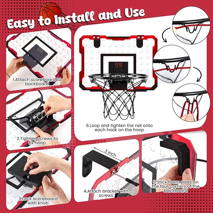 LovesTown Indoor Mini Basketball Hoop for Kids, Basketball Hoops Over The Door with LED Lighting, Mini Hoop with 4 Balls Electronic Scoreboard Toys, Sports Toys Gifts for Boys Girls