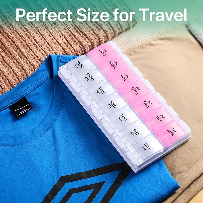 Sukuos AM PM Weekly Pill Organizer 7 Day, 2 Times A Day Medicine Pill Box with Easy Push Button, BPA Free Vitamin Cases for Fish Oil/Supplements (Pink&White)