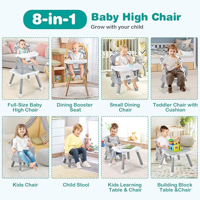 BABY JOY Baby High Chair, 8 in 1 Convertible Highchair for Babies & Toddlers | Booster Seat | Table and Chair Set | Building Block Table | Toddler Chair with Safety Harness, Removable Tray (Chevron)