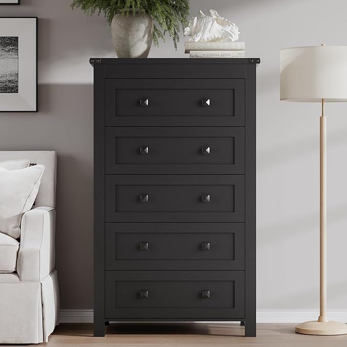 Tall 5-Drawer Dresser, Modern Wooden Storage Chest of Drawers, Dresser TV Stand, Wood Drawer Organizer with Metal Handles for Bedroom, Living Room, Hallway