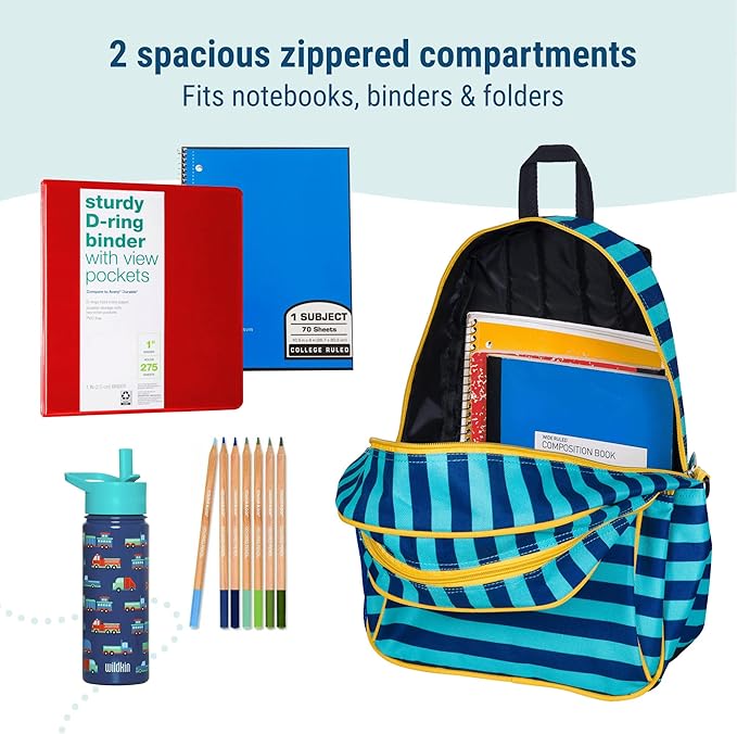 Wildkin 15-inch Kids Backpack – Durable, Padded, Adjustable for School & Travel - Blue Stripes