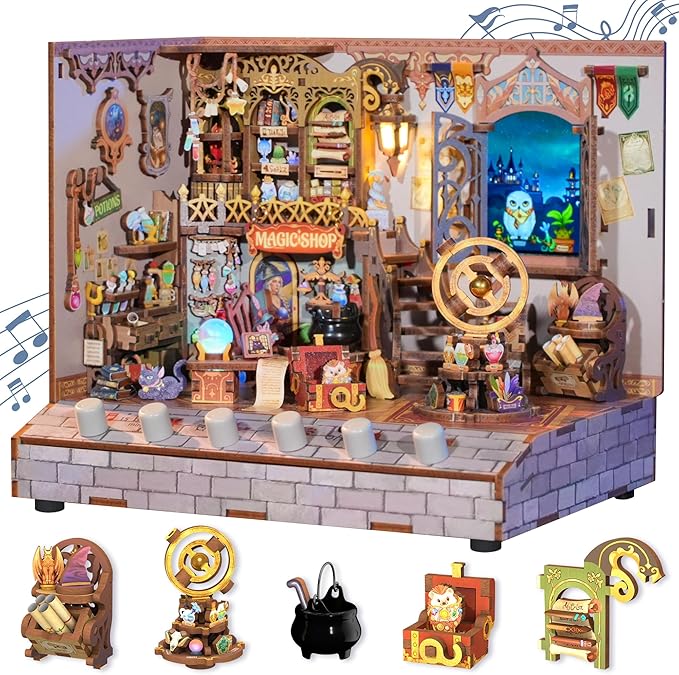 Tonecheer DIY Miniature House Kit, Wooden Dollhouse Kit with White Noise,Tiny Diorama House Building Set with Electronic Screen Craft Kits Make for Aduls (Magic Shop)