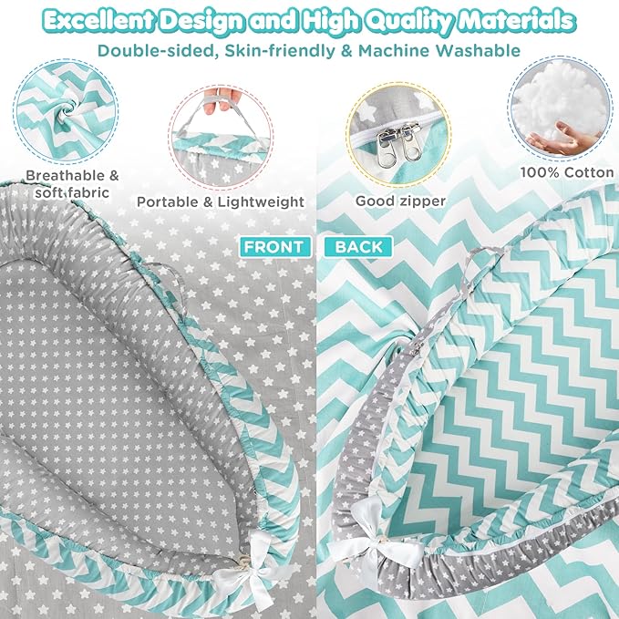 Baby Lounger - Baby Lounger for Newborn 0-24 Months, Breathable and Soft Cotton Cover Baby Nest, Portable Cozy Tummy Time Lounger for Home and Travel, Ideal Baby Essentials & Shower Gifts